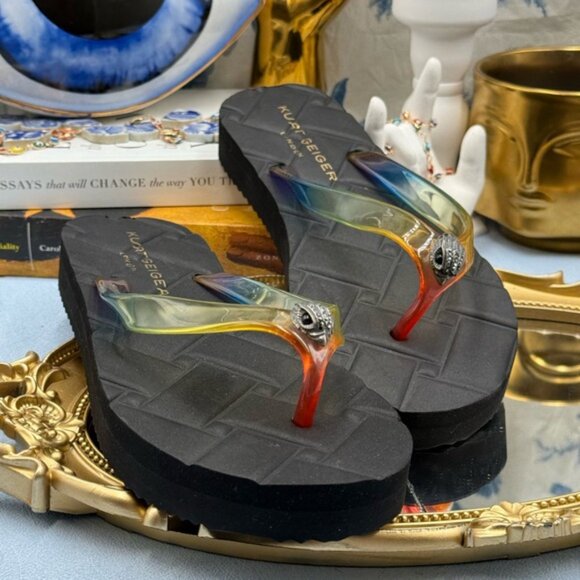 🆕 KURT GEIGER LONDON 🧿 NWOB Japonski Kensington Rainbow Flipflop, Black - Sz 7 - Picture 8 of 12
